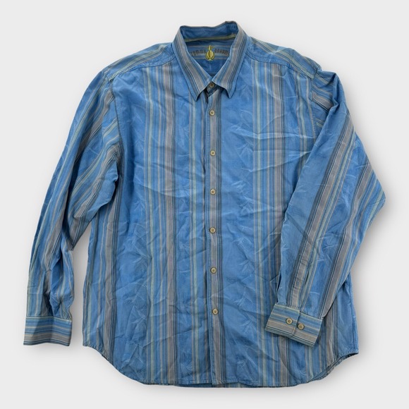 Tommy Bahama Shirt Mens Large Striped Button Up Short Sleeve Lyocell Cotton - Picture 1 of 6